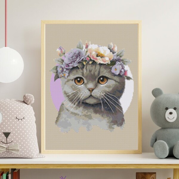 cat digital cross-stitch,modern cross-stitch,Watercolor-style cross-stitch,Cat lover cross-stitch,Whimsical stitching project