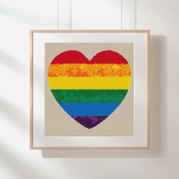 Rainbow heart cross-stitch pattern,Cross Stitch Pdf,modern cross-stitch,LGBTQ+ cross-stitch,Rainbow pride cross-stitch,Colorful embroidery