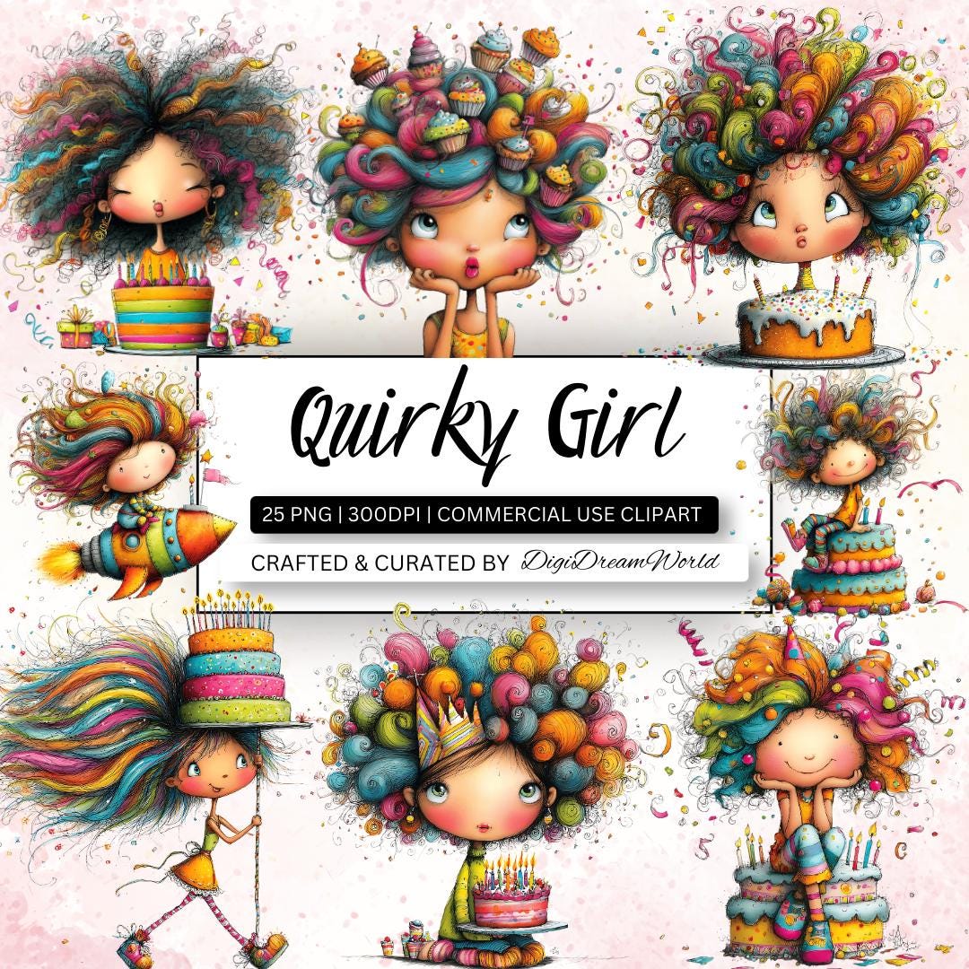 Quirky Girl Clipart Bundle, Cute Girl PNG, Birthday Clipart, Colorful ...