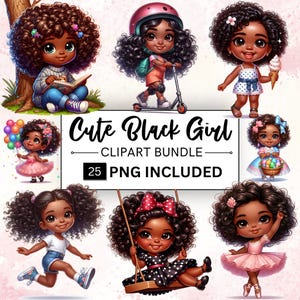 25 schattige chibi kleine meisjes clipartbundel, schattige zwarte huid meisje clipart, Afro-Amerikaanse meisjes, schattig afro meisje png, direct commercieel gebruik
