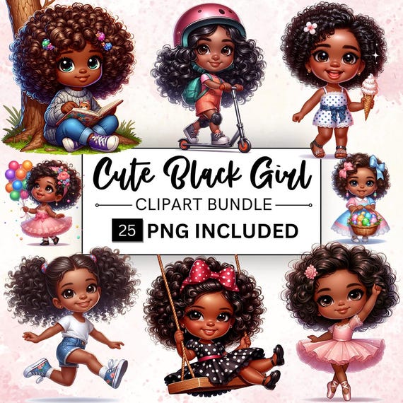 25 Cute Chibi Little Girls Clipart Bundle, Cute Black Skin Girl Clipart, African-American Girls, Cute Afro Girl PNG, Instant Commercial Use