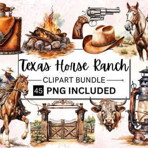 45 Aquarell Western Texas Pferdefarm Cowboy Clipart Bundle PNG, Western Landschaftsszenen, Texas Cowboy Ranch PNG, für kommerzielle Nutzung