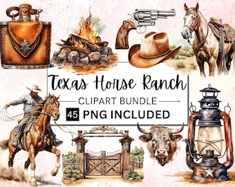 Paquete de imágenes prediseñadas de rancho de caballos de Texas en acuarela (45 PNG)