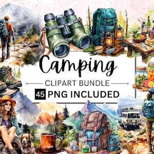 45 imágenes prediseñadas de camping de acuarela, paquete PNG de sublimación de camping, tienda de campaña Camp Life, fogata, linterna, mochila, ilustraciones de camping Cliparts