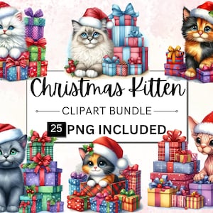 25 Aquarell Weihnachtskätzchen Clipart Bundle, süsses Weihnachtskätzchen PNG, Weihnachtskarten Grafik, Wintertiere Junk Journal & Scrapbooking