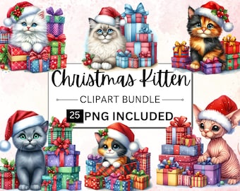 25 Watercolor Christmas Kitten Clipart Bundle, Cute Christmas Kitten PNG, Christmas Card Graphic, Winter Animals Junk Journal & Scrapbooking