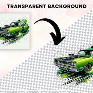 Puede incluir: Un coche de m&uacute;sculo verde con rayas negras y una toma de aire negra en el cap&oacute;. El coche est&aacute; rodeado de salpicaduras de pintura verde y negra.