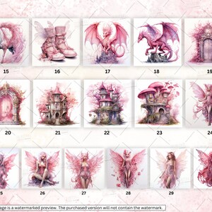 May include: A set of 30 digital illustrations featuring pink fairy wings, a unicorn, a dragon, a castle, a door, and a mushroom house. The illustrations are in a whimsical style with a pink and white color scheme.