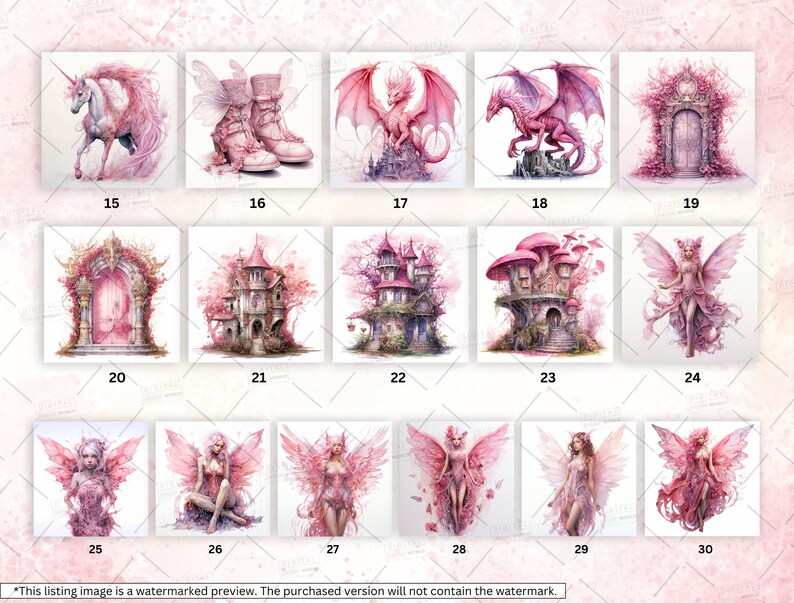May include: A set of 30 digital illustrations featuring pink fairy wings, a unicorn, a dragon, a castle, a door, and a mushroom house. The illustrations are in a whimsical style with a pink and white color scheme.