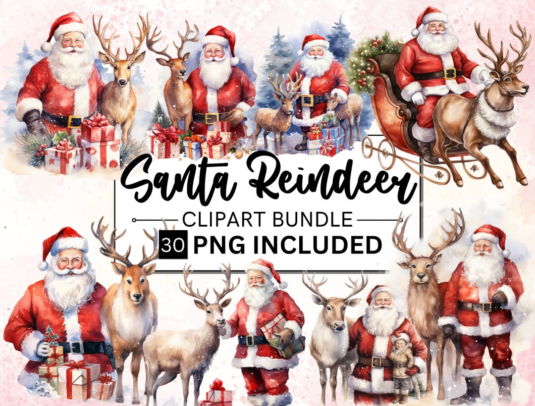 30 Watercolor Santa With Reindeer Clipart, Christmas Clipart, Santa ...