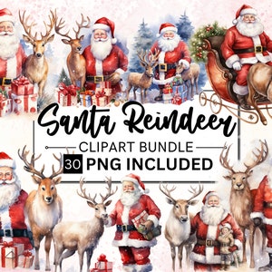 30 Aquarela Papai Noel com Renas Clipart, Clipart de Natal, Papai Noel PNG, Clipart de Renas, Clipart de Férias, Papai Noel PNG, DigitalDownload