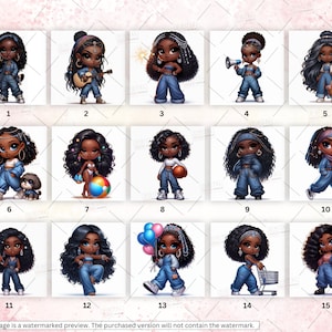 Puede incluir: Un conjunto de 15 ilustraciones digitales que presentan chicas de dibujos animados con piel oscura y cabello rizado que visten atuendos de mezclilla. Cada chica tiene una expresi&oacute;n diferente y sostiene un objeto diferente, como una guitarra, un bal&oacute;n de baloncesto, un micr&oacute;fono y un carrito de compras.
