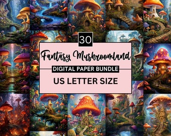 Fantasy Mushroomland Digital Paper, Magical Art (US Letter)