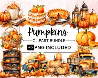 45 Clipart di zucche ad acquerello, Clipart di decorazioni autunnali di zucca, Clipart di zucca di Halloween, Zucca carina autunnale, Download immediato per uso commerciale