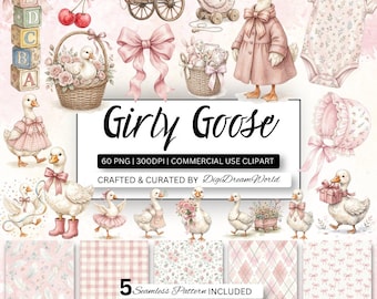 60 Girly Goose Clipart Bundle, Pink Goose PNG, Silly Goose Clipart, Baby Girl Clipart, Coquette Clipart, Goose Seamless Pattern Digital