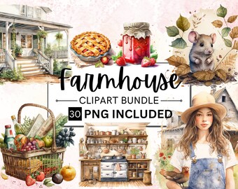 Farmhouse Watercolor Clipart Bundle, Barn, House (PNG Files)