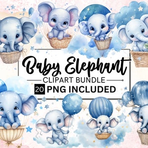 20 Clipart aquarelle bébé éléphant, bébé éléphant avec des ballons Png, bébé éléphant pour baby shower clipart, anniversaire de bébé garçon chambre d'enfant PNG