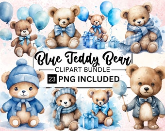 Watercolor Blue Teddy Bear Clipart Bundle, Baby Shower (23 PNG)
