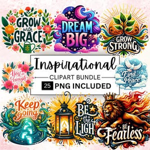 25 inspirujących cytatów clipart, ilustracje fraz motywacyjnych, pozytywna sztuka, inspirujące cytaty, cyfrowe inspirujące PNG