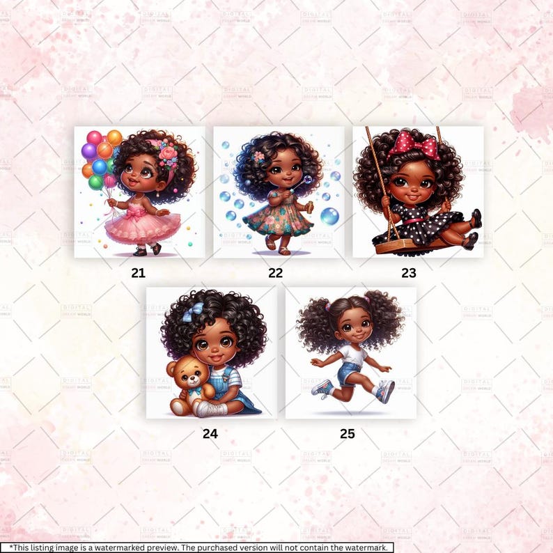 K&ouml;nnte beinhalten: Satz von f&uuml;nf digitalen Illustrationen mit einem jungen schwarzen M&auml;dchen in verschiedenen Posen. Das M&auml;dchen tr&auml;gt verschiedene Outfits, darunter ein rosa Kleid, ein Blumenkleid, ein schwarz-wei&szlig;es Polka-Dot-Kleid, eine blaue Latzhose und ein blau-wei&szlig; gestreiftes Hemd sowie ein blau-wei&szlig; gestreiftes Hemd und eine Jeans-Shorts. Die Illustrationen sind perfekt f&uuml;r die Verwendung in digitalem Scrapbooking, Kartenherstellung und anderen kreativen Projekten.