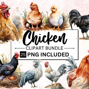 25 aquarelle poulet clipart, clipart animaux de la ferme, clipart poule, vie animale Cottagecore, mignons poulets et poussins, téléchargement immédiat PNG