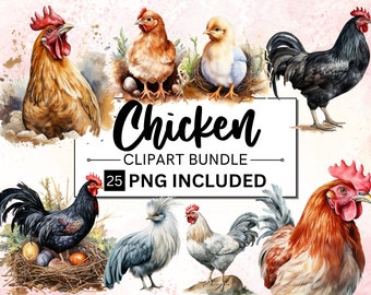 25 Watercolor chicken clipart, Farm animals Clipart, Hen clipart, Cottagecore Animal Life, Cute Chickens and Chicks, PNG Instant Download