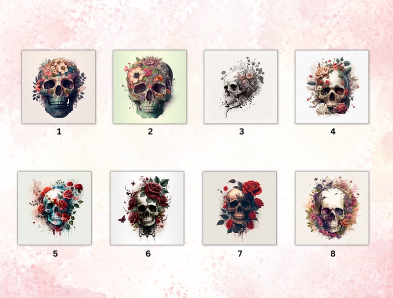 May include: Eight digital art prints featuring a skull with flowers and leaves. The skulls are white with black eye sockets and are surrounded by colorful flowers and leaves. The prints are numbered 1 through 8.