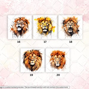 May include: Five watercolor paintings of lions with a white background. Each lion has a different pose and expression. The lions are all in shades of orange, yellow, and brown.