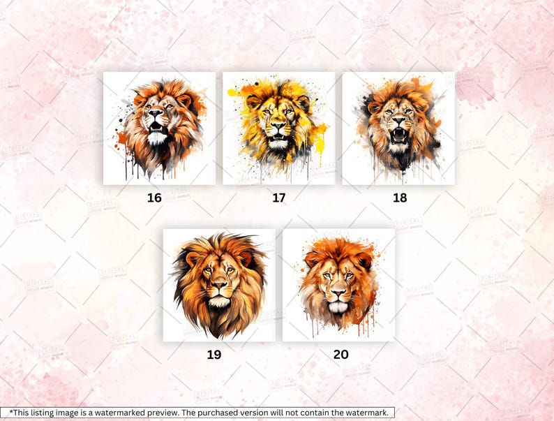 May include: Five watercolor paintings of lions with a white background. Each lion has a different pose and expression. The lions are all in shades of orange, yellow, and brown.