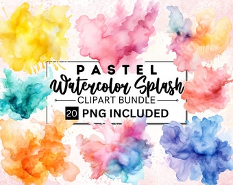 20 cliparts pastel aquarelle alcool encre splash, éclaboussures de peinture PNG abstrait clipart, éclaboussures de couleur colorée, usage Commercial téléchargement immédiat