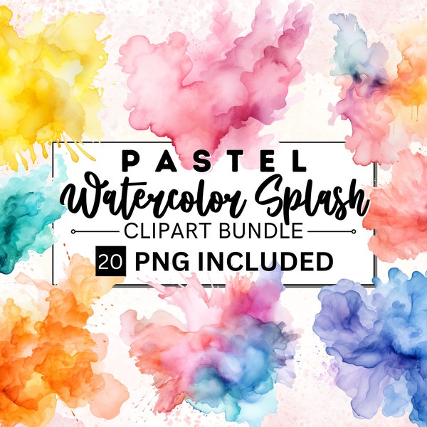 20 Pastell Aquarell Alkohol Tinte spritzen Clipart, Farbe Splatter PNG abstrakte Clipart, bunte Farbspritzen, kommerzielle Nutzung Sofort-Download