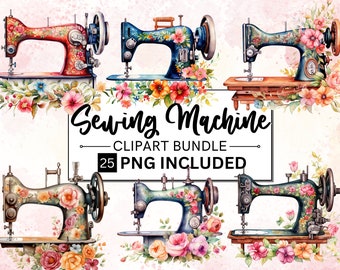 Watercolor Floral Sewing Machine Clipart, Quilting, Scrapbook (PNG)