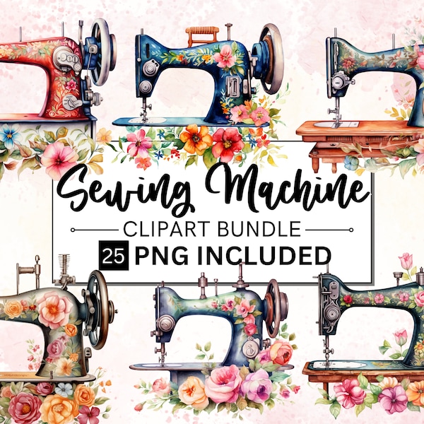 25 Watercolor Floral Sewing Machine PNG, Quilting Clipart, Floral Sewing Machine Clipart, Card Making, Scrapbook, Junk Journal, Paper Crafts