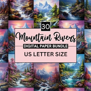 30 afdrukbaar bergrivieren digitaal papier, natuur landschap achtergrond, download ongewenste dagboek, bos rivier achtergrond, scrapbooking, collage