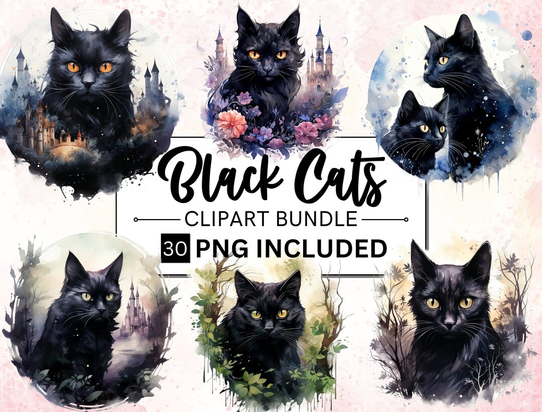 Watercolor Black Cats Clipart, Fantasy Witchcraft PNG Bundle - Etsy