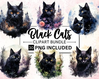 Watercolor Black Cats Clipart, Fantasy Witchcraft PNG Bundle