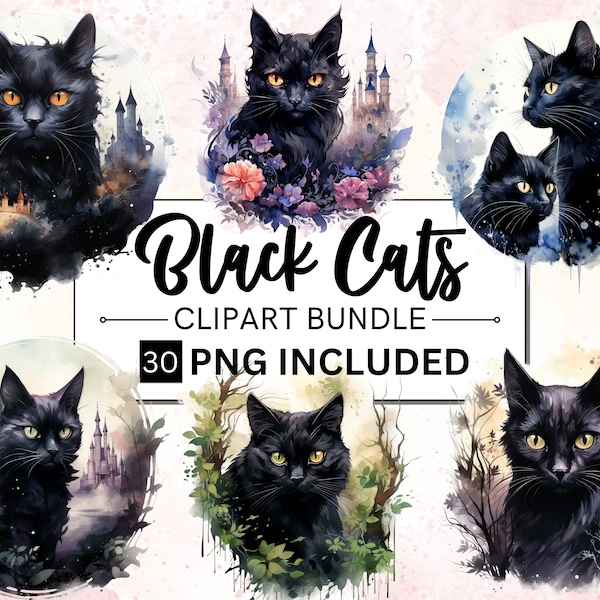 30 PNG Watercolor Fantasy Black Cats Clipart, Black Cat Clip Art, Celestial Black Cat Clipart, Magical clipart, Witchcraft Bundle, pagan png