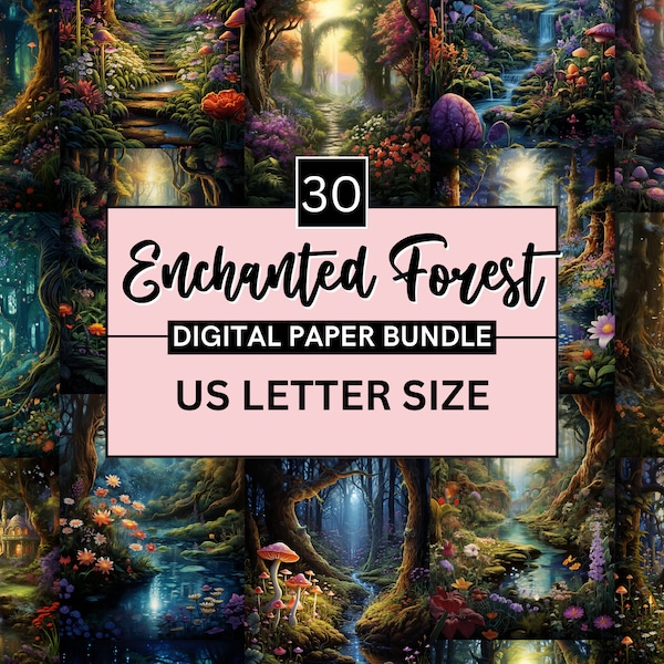 30 Printable Fantasy Enchanted Forest Digital Paper, Magical Forest Digital Paper, Mystery Woodland JPEG Download Junk Journal Scrapbooking