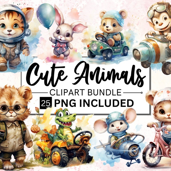 25 Cute Animals Cliparts, Watercolor Safari Animals PNG, Baby Animal Clipart Nursery Decor Baby Shower Birthday Sublimation Commercial Use