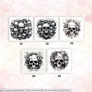 May include: Five black and white skull designs with different floral and skull arrangements. The designs are numbered 31 through 35.