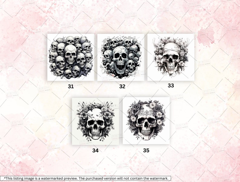 May include: Five black and white skull designs with different floral and skull arrangements. The designs are numbered 31 through 35.