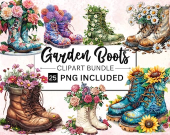 25 Floral Garden Boots Clipart Bundle, Spring Garden clipart, Boots with Flowers Spring graphics, Transparent background, Commercial use PNG