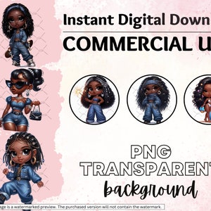 Puede incluir: Cuatro ilustraciones digitales de mujeres negras con cabello rizado en diferentes atuendos. Las ilustraciones est&aacute;n sobre un fondo rosa con el texto "Descarga digital instant&aacute;nea USO COMERCIAL PNG FONDO TRANSPARENTE".