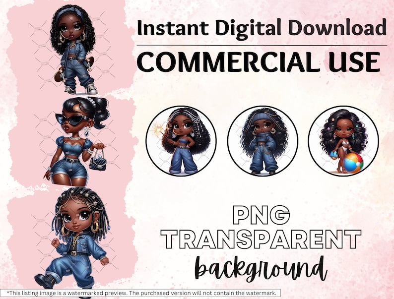Puede incluir: Cuatro ilustraciones digitales de mujeres negras con cabello rizado en diferentes atuendos. Las ilustraciones est&aacute;n sobre un fondo rosa con el texto "Descarga digital instant&aacute;nea USO COMERCIAL PNG FONDO TRANSPARENTE".