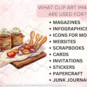 Może przedstawiać: Aquarela przedstawiająca scenę kuchenną z garnkami, cebulą i drewnianymi łyżkami. Na g&oacute;rze obrazu widnieje tekst "WHAT CLIP ART IMAGES ARE USED FOR?" Poniżej tekstu znajduje się lista zastosowań obraz&oacute;w clipart: czasopisma, infografiki, ikony na urządzenia mobilne, strony internetowe, albumy ze zdjęciami, kartki, zaproszenia, naklejki, rękodzieło papierowe, dzienniki z odpad&oacute;w.