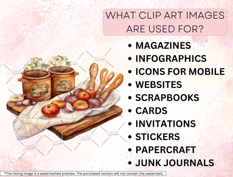 Może przedstawiać: Aquarela przedstawiająca scenę kuchenną z garnkami, cebulą i drewnianymi łyżkami. Na g&oacute;rze obrazu widnieje tekst "WHAT CLIP ART IMAGES ARE USED FOR?" Poniżej tekstu znajduje się lista zastosowań obraz&oacute;w clipart: czasopisma, infografiki, ikony na urządzenia mobilne, strony internetowe, albumy ze zdjęciami, kartki, zaproszenia, naklejki, rękodzieło papierowe, dzienniki z odpad&oacute;w.