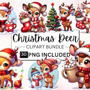 30 Weihnachten Reh Clipart Bundle, süßes Hirsch PNG, süßes Waldtier PNG, Winterferien Baby Tiere Clipart, kommerzielle Nutzung