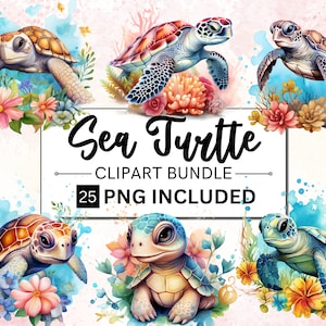 25 Clipart di tartarughe marine ad acquerello, simpatici animali dell'oceano nautico PNG, uso commerciale, download digitale, artigianato di carta, diari spazzatura di tartarughe marine
