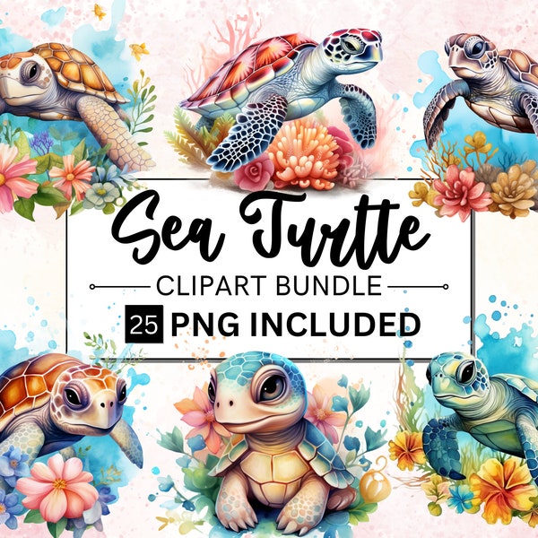 25 Watercolor Sea Turtle Clipart, Cute Nautical Ocean Animals PNG, Commercial Use, Digital Download, Paper crafts, Sea Turtle Junk Journals