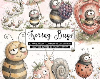 40 Spring Bugs Clipart Bundle, Watercolor Insects & Flowers, Caterpillar Clipart, Fuzzy Spring Bee Bug, Kawaii Insect PNG, Digital Download